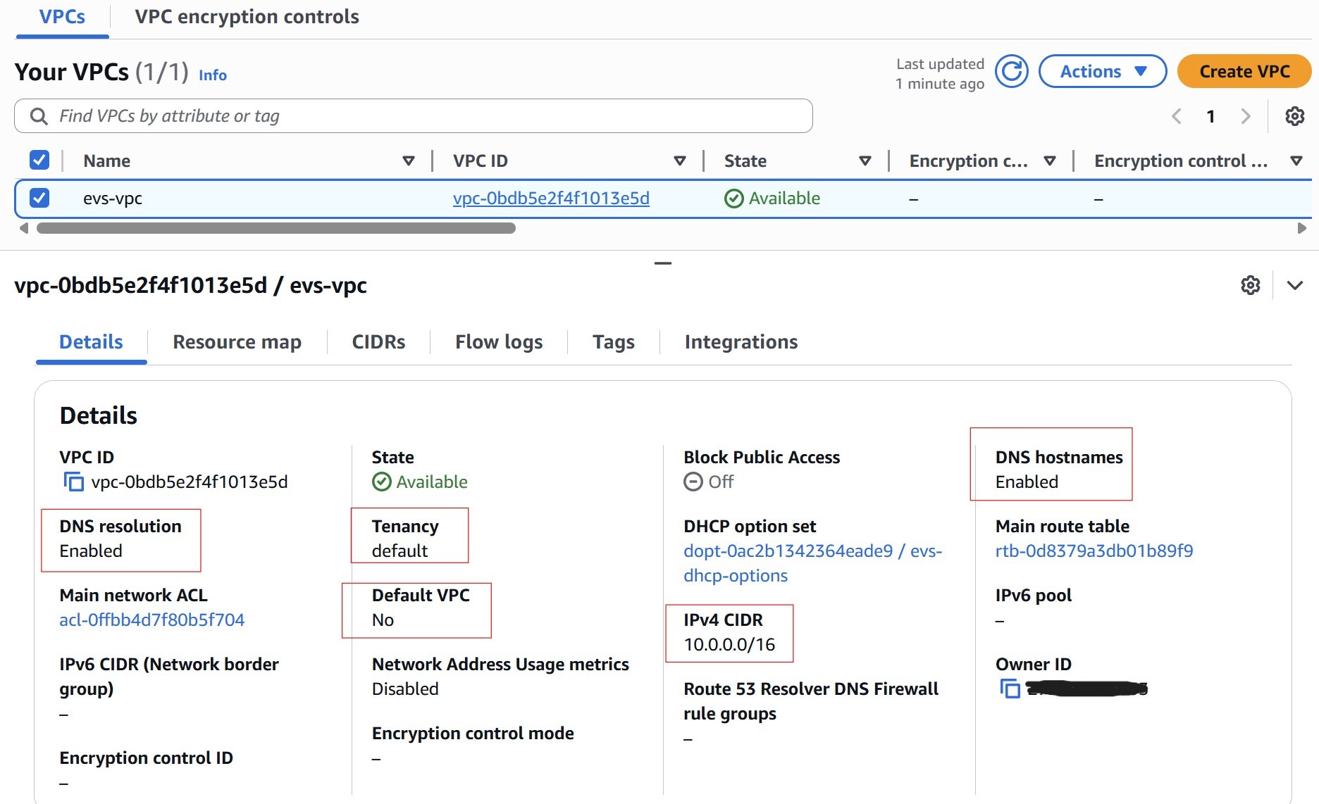 EVS VPC configuration in AWS console